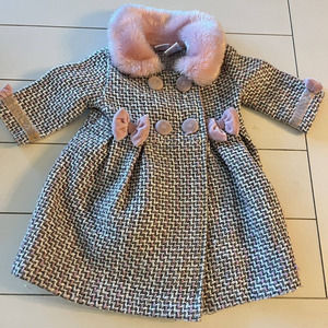 Baby Beri Winter Coat Pink Bows And Buttons Size 3/6 Mo Faux Fur Collar